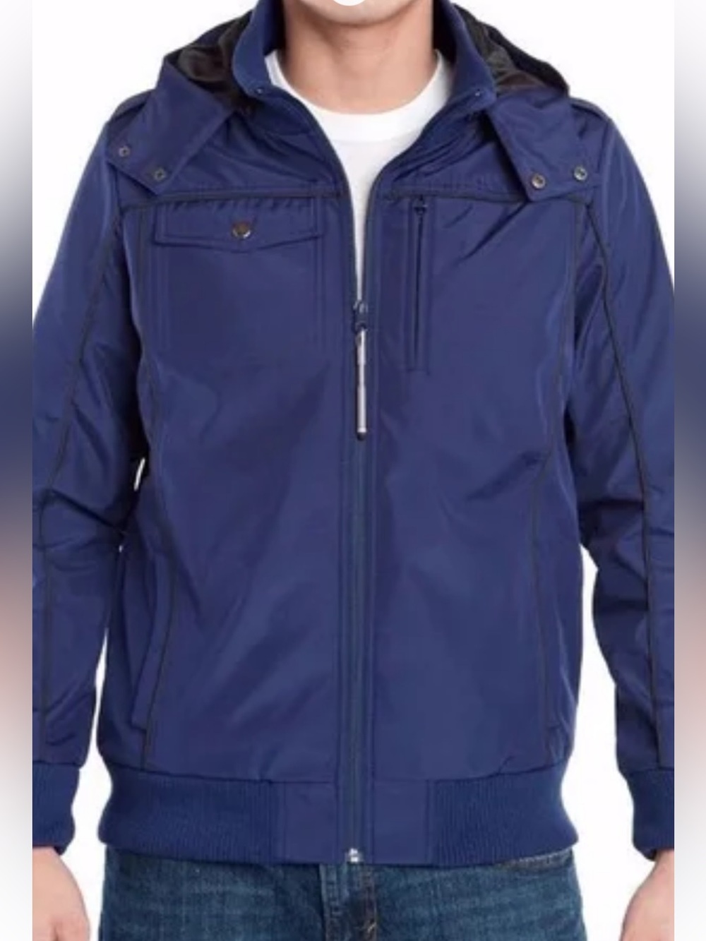 Men's BAUBAX  Navy/Black cozy Hooded Bomber travel Jacket with Zip open Front MD